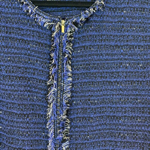 St John Women’s Knit Full zip blue tweed fringe sweater size 14 workwear luxury - Picture 5 of 12